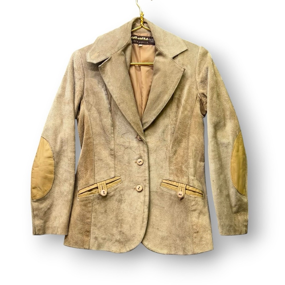 Vintage Suede Leather Blazer Women 11/12 Tan Argentina Equestrian Elbow Patch - Picture 2 of 8